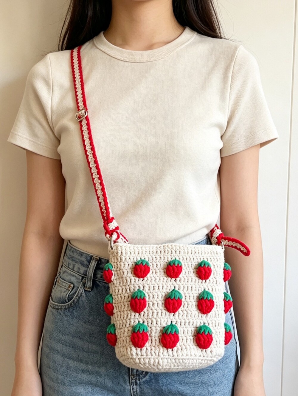 Handmade Cream Crochet Strawberry Crossbody Bag with Red Strap, Boho Tote Bag - Picture 14 of 14